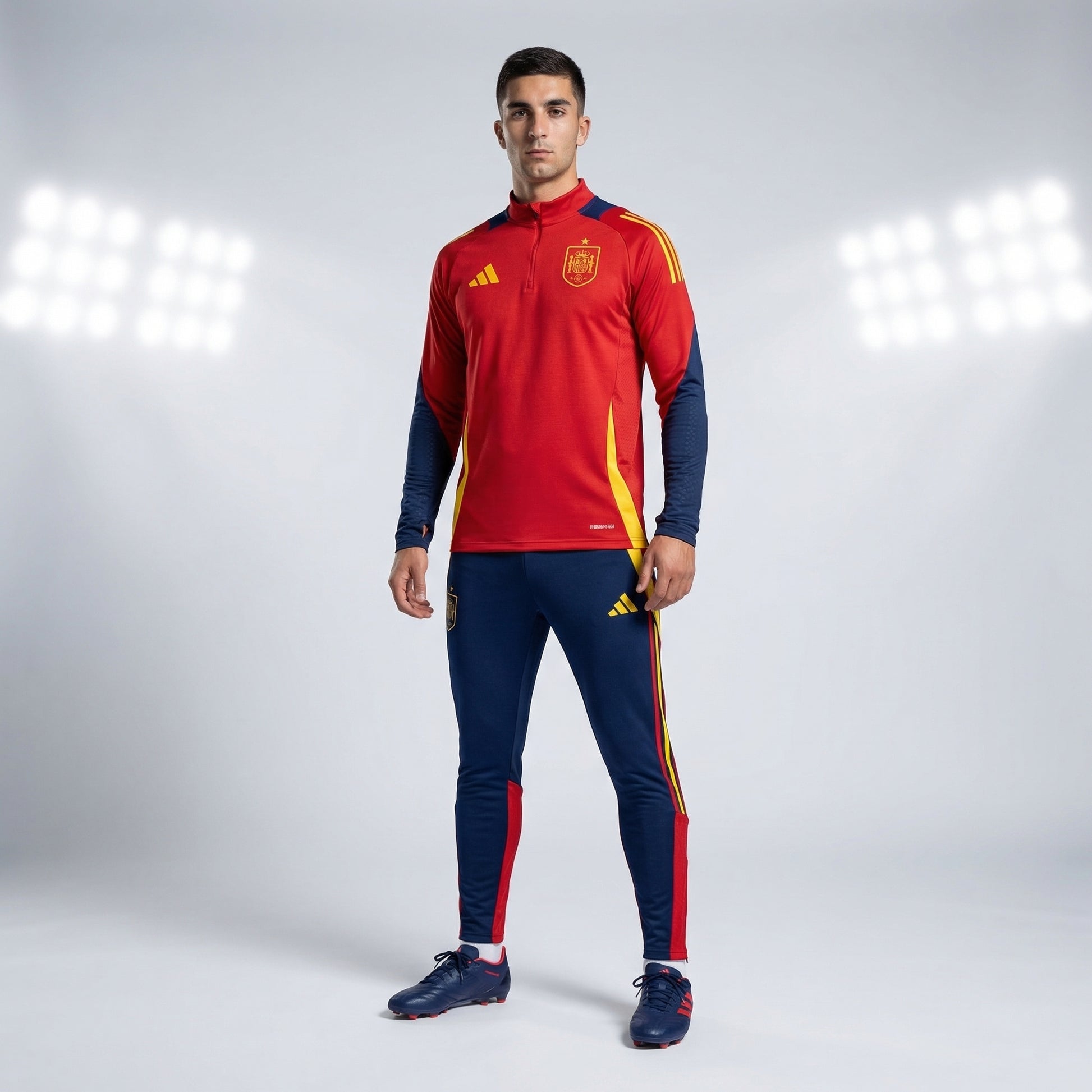 Survêtement Espagne 2024/2025 porté – veste rouge Adidas et pantalon bleu marine – vue de face